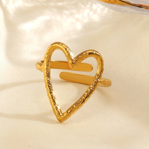 Edelstahl Herzring Hammerschlag-Textur Übergroß Gold Plattiert Verstellbar Offener Finger Schmuck Für Damen