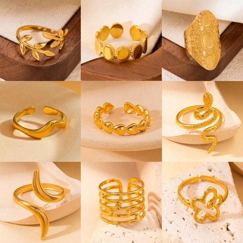 Anillos Abiertos De Acero Inoxidable Para Mujeres Hombres Chapado En Oro Corazón Serpiente Hoja Mariposa Ondulado Bohemio Ajustable Joyería Anillo