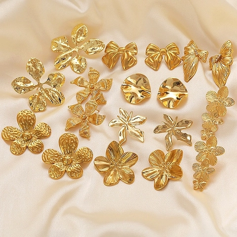 French Style Stainless Steel Flower Stud Earrings Gold Retro Bow Heart Geometric Dangle Earrings For Women Jewelry Gift