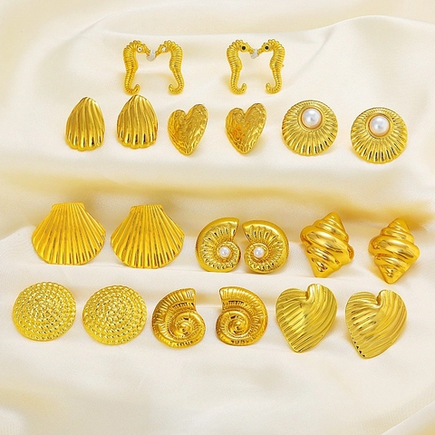 Vintage Stainless Steel Gold Plated Stud Earrings For Women High End Geometric Heart Shell Seahorse Flower Dangle Earrings