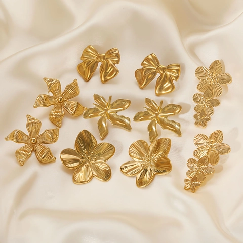 French Style Stainless Steel Flower Stud Earrings Gold Retro Bow Heart Geometric Dangle Earrings For Women Jewelry Gift