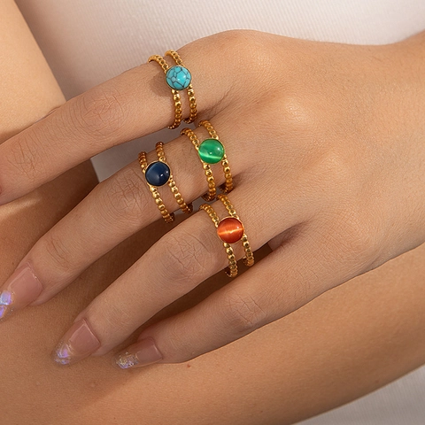 Anillo Abierto de Acero Inoxidable 304 Vintage Para Mujeres Hombres Chapado en Oro Doble Capa Banda de Cuentas Piedra Natural Multicolor Incrustada Joyería de Moda Bohemia Ajustable