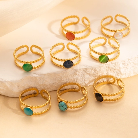 Anillo Abierto de Acero Inoxidable 304 Vintage Para Mujeres Hombres Chapado en Oro Doble Capa Banda de Cuentas Piedra Natural Multicolor Incrustada Joyería de Moda Bohemia Ajustable