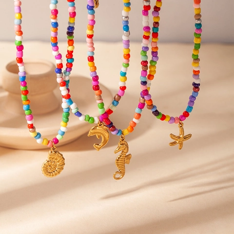 Bohemian Rainbow Seed Bead Necklace Stainless Steel Gold Marine Life Pendant Dolphin Starfish Summer Beach Jewelry For Women