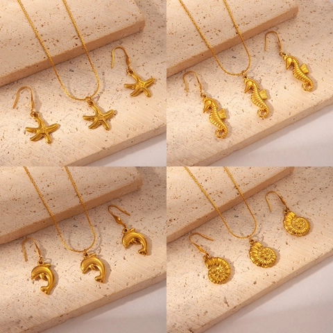 Stainless Steel Ocean Theme Jewelry Set For Women Gold Plated Seahorse Starfish Dolphin Shell Pendant Necklace Earrings Set
