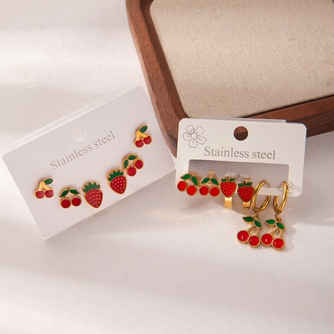 Orecchini in Acciaio Inossidabile a Forma di Frutta Collezione Ciliegia Fragola Smalto a Goccia d'Olio per Donna Gioielli