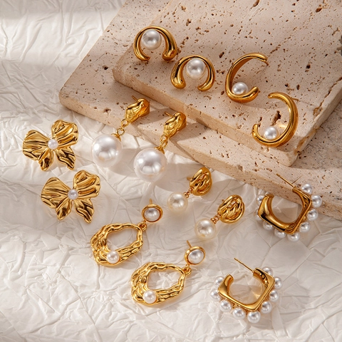 French Elegant Stainless Steel Artificial Pearl Earrings For Women Real Gold Plated High End Luxury Drop Stud Earrings