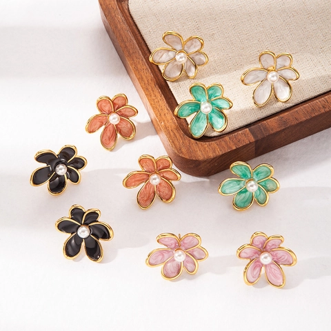 Vintage Stainless Steel Enamel Flower Stud Earrings With Faux Artificial Pearl Gold Plated French Style Niche Jewelry For Women