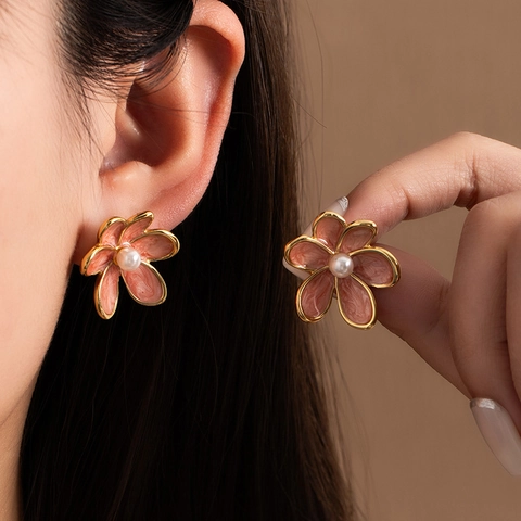 Vintage Stainless Steel Enamel Flower Stud Earrings With Faux Artificial Pearl Gold Plated French Style Niche Jewelry For Women