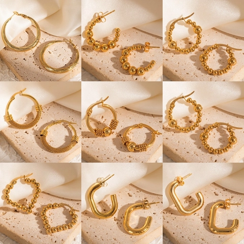 18K Gold Plated Stainless Steel Hoop Earrings For Women Minimalist Geometric Twisted Beaded Heart Shape Fashion Jewelry Gift