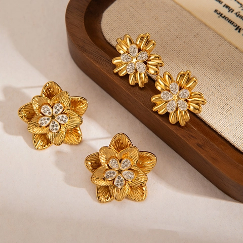 Boucles d'Oreilles Clous en Acier Inoxydable Forme de Fleur Pour Femme Vintage Irrégulier Or Strass Perle Artificielle