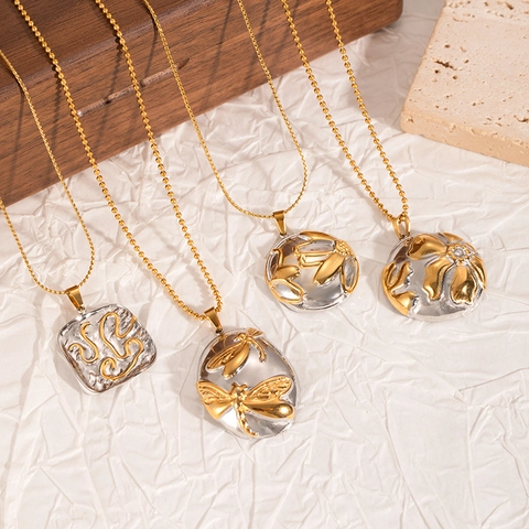 Minimalist Stainless Steel Necklace For Women Gold Silver Two-Tone Floral Heart Butterfly Pendant Fashion Jewelry Accessory