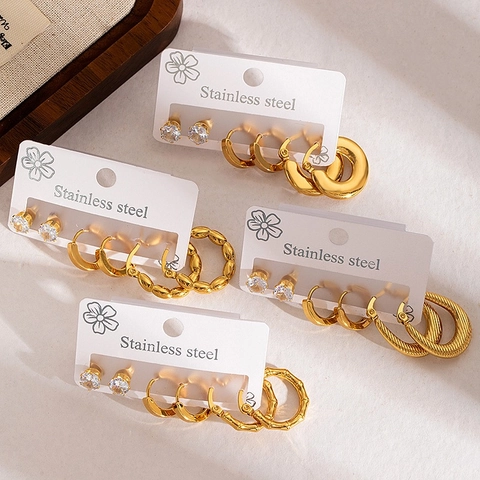 Minimalist Stainless Steel Gold Plated Earring Set For Women Rhinestone Stud And Hoop Earrings Fashion Geometric Jewelry Gift