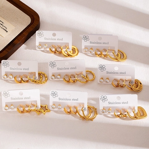Minimalist Stainless Steel Gold Plated Earring Set For Women Rhinestone Stud And Hoop Earrings Fashion Geometric Jewelry Gift