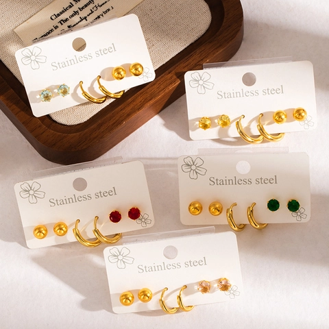Vintage 3 Pairs Gold Stainless Steel Earrings Set For Women Geometric Ball Stud Earrings Small Hoop Earrings Rhinestone Earrings