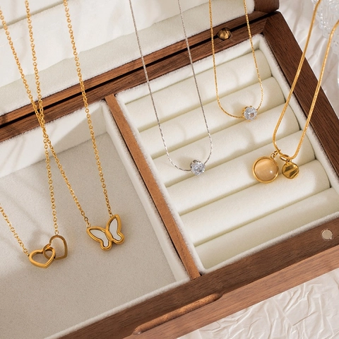 Minimalist Stainless Steel Necklace For Women Gold Silver Rhinestone Shell Cat Eye Stone Butterfly Heart Geometric Jewelry