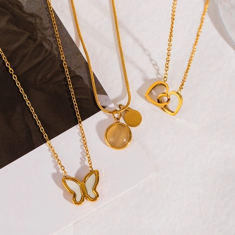 Minimalist Stainless Steel Necklace For Women Gold Silver Rhinestone Shell Cat Eye Stone Butterfly Heart Geometric Jewelry