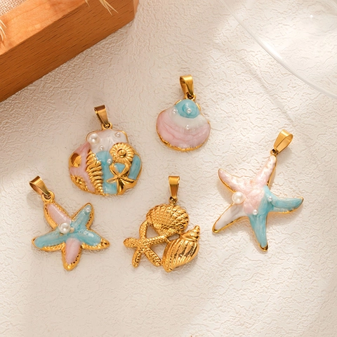 Ozean-Serie Seestern Meerschnecke Muschel Anhänger Halskette Edelstahl Gold Überzug Emaille Künstliche Perle Sommer Strand Damen Schmuck