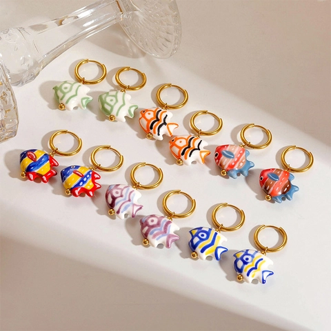 Ocean Style Ceramic Fish Sea Turtle Drop Hoop Earrings For Women Stainless Steel Gold Enamel Animal Lucky Koi Charm Jewelry