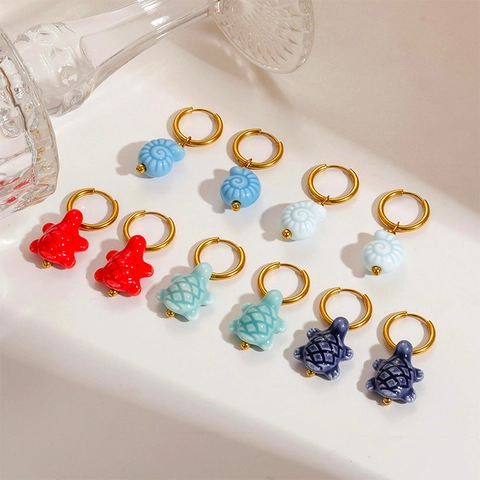 Ocean Style Ceramic Fish Sea Turtle Drop Hoop Earrings For Women Stainless Steel Gold Enamel Animal Lucky Koi Charm Jewelry