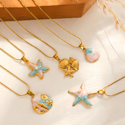 Ozean-Serie Seestern Meerschnecke Muschel Anhänger Halskette Edelstahl Gold Überzug Emaille Künstliche Perle Sommer Strand Damen Schmuck