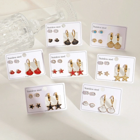 Ocean Style Stainless Steel Starfish Shell Evil Eye Stud Earrings Set For Women Cute Enamel Rhinestone Summer Vacation Jewelry