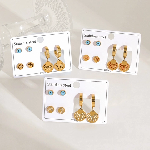 Ocean Style Stainless Steel Starfish Shell Evil Eye Stud Earrings Set For Women Cute Enamel Rhinestone Summer Vacation Jewelry