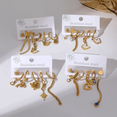 Minimalist Stainless Steel Earring Set Heart Sun Butterfly Evil Eye Stud Earrings For Women Rhinestone Gold Plated Jewelry Set