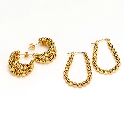 Damen Gold Vergoldet Edelstahl Perlen Creolen C-Form Dreireihig Oval Geometrisch Mode Schmuck Zubehör