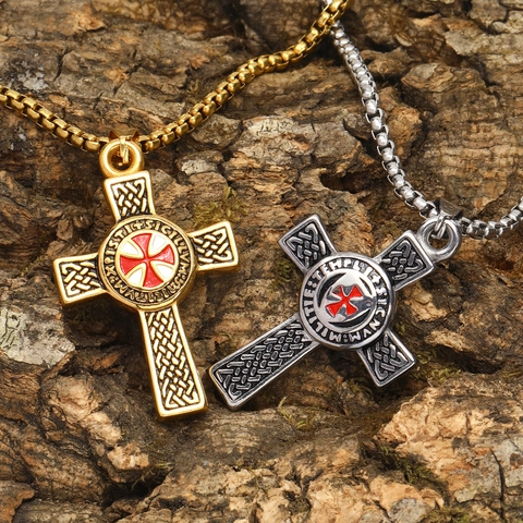 Men Knights Templar Cross Pendant Necklace Stainless Steel Celtic Knot Enamel Red Cross Religious Punk Jewelry For Men