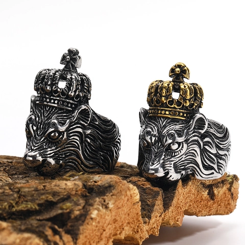 Vintage Punk Lion Head Crown Ring For Men Domineering Titanium Steel Gothic Cross Pattern Ring Vintage Men Jewelry