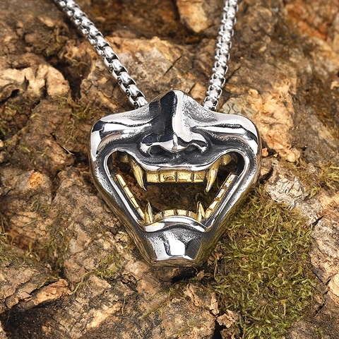 Collana con Pendente Maschera Hannya da Uomo in Acciaio Inossidabile Maschera Oni Giapponese Punk Hip Hop Gioielli Retro