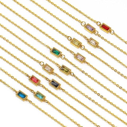 Vintage Stainless Steel Pendant Necklace With Rectangular Rhinestone Baguette Cut Gemstone Minimalist Jewelry For Women Fashion Accessory Gift