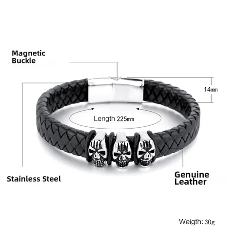 Herren Geflochtenes Lederarmband Edelstahl Magnetverschluss Totenkopf Anhänger Punk Rock Gothic Schmuck Mode Accessoires