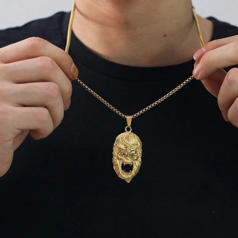 Punk Sun Wukong Mask Pendant Necklace For Men Titanium Steel Retro Hip Hop Jewelry Monkey King Roaring Expression Neckwear Gift