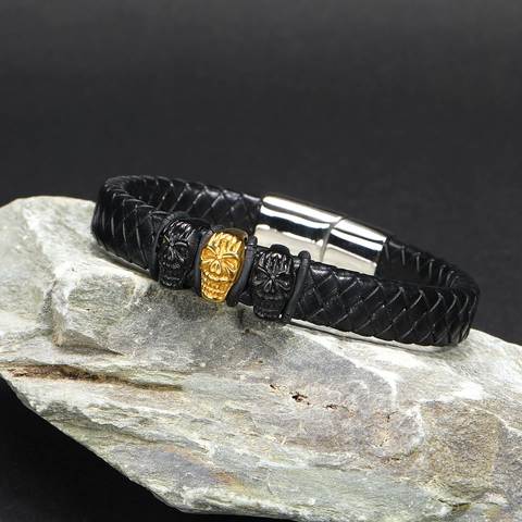 Herren Geflochtenes Lederarmband Edelstahl Magnetverschluss Totenkopf Anhänger Punk Rock Gothic Schmuck Mode Accessoires