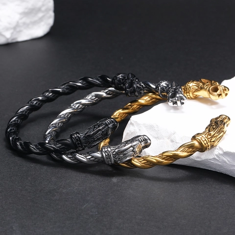 Herren Retro Punk Hip Hop Wikinger Zopfmuster Armband Doppel Drachenkopf Edelstahl Offenes Manschettenarmband Schmuck Geschenk