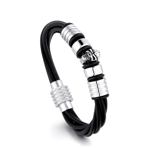 Men Punk Skull Stainless Steel Leather Rope Bracelet Gothic Motorbike Multi Strand Bangle Magnetic Buckle Fashion Jewelry