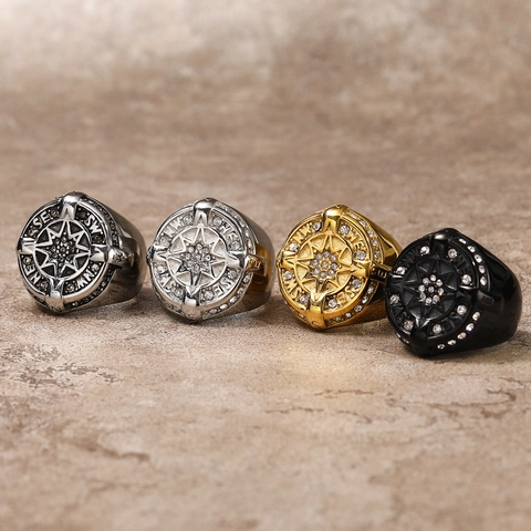 Anillo de Acero de Titanio con Brújula Hip Hop para Hombre Punk Personalizado con Diamantes de Imitación Estrella Brújula Anillo de Sello