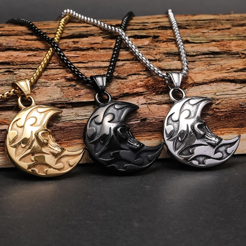 Vintage Punk Gothic Crescent Moon Skull Μενταγιόν από Ατσάλι Τιτανίου Κολιέ για Άνδρες Ρετρό Hip Hop Κοσμήματα από Ανοξείδωτο Ατσάλι