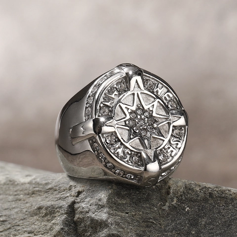 Anillo de Acero de Titanio con Brújula Hip Hop para Hombre Punk Personalizado con Diamantes de Imitación Estrella Brújula Anillo de Sello