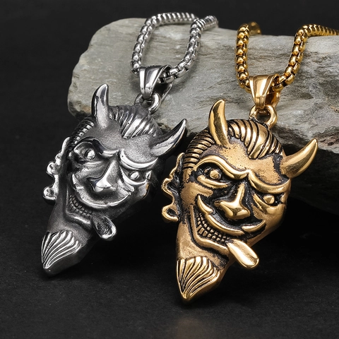 Vintage Punk Titanium Steel Devil Mask Pendant Necklace For Men Hip Hop Gothic Bull Demon King Ghost Head Pendant Jewelry
