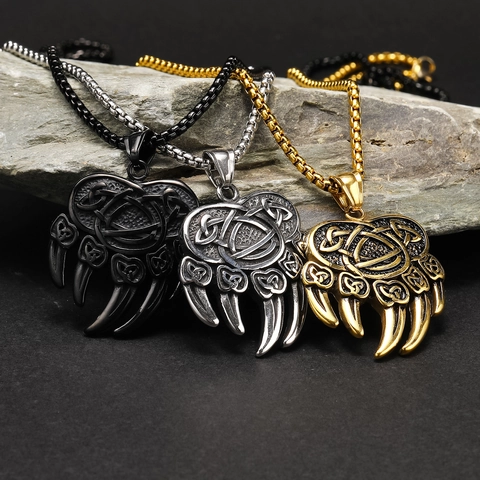 Viking Bear Claw Pendant Necklace For Men Titanium Steel Retro Celtic Knot Punk Hip Hop Street Style Jewelry Gift