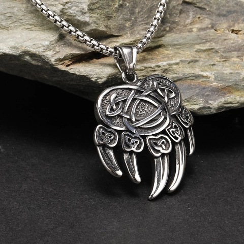 Viking Bear Claw Pendant Necklace For Men Titanium Steel Retro Celtic Knot Punk Hip Hop Street Style Jewelry Gift