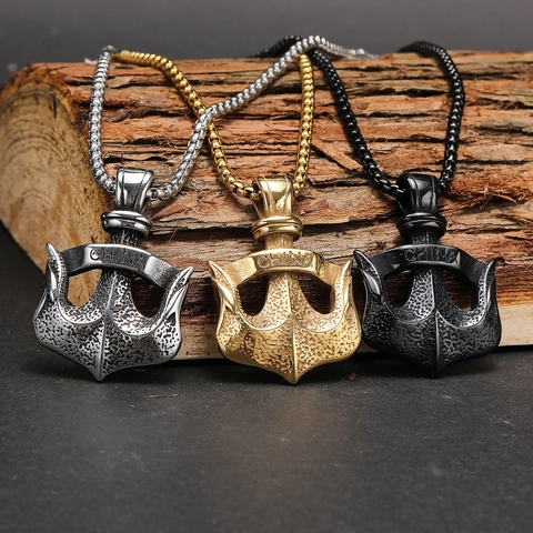 Collier Pendentif Trident Ancre En Acier Titane Vintage Pour Hommes Punk Chine Lettrage Martelée Hip Hop Bijoux Cadeau