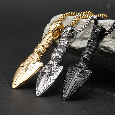 Retro Viking Cross Spearhead Pendant Necklace Titanium Steel Men Punk Hip Hop Street Style Gothic Arrowhead Jewelry