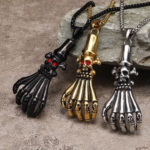Gothic Punk Skeleton Hand Pendant Necklace For Men Titanium Steel Skull Ghost Claw Red Rhinestone Eyes Jewelry Gift