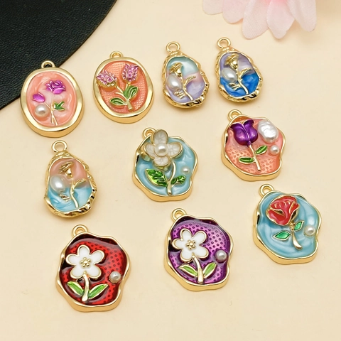 French Retro Monet Oil Painting Style Enamel Flower Charms Zinc Alloy Rose Tulip Pendant With Artificial Pearl DIY Jewelry