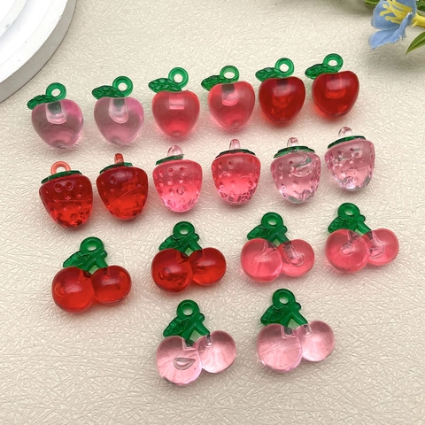 3D Fruit Pendants Acrylic Resin Strawberry Cherry Apple Charms For DIY Earring Keychain Jewelry Making Accessories Transparent Colorful Jewelry Components