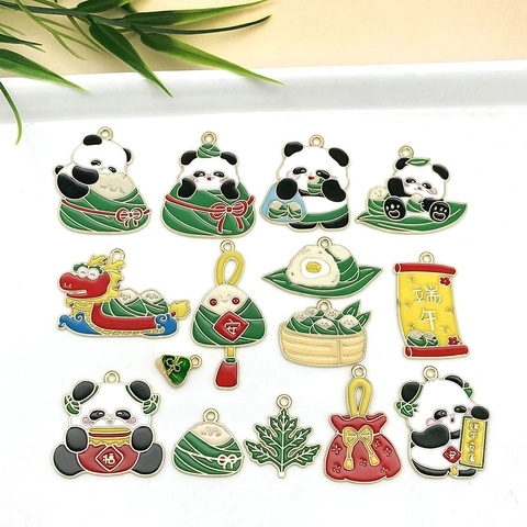 Alloy Enamel Panda Zongzi Charms Dragon Boat Festival DIY Jewelry Accessories Gold Plated Chinese Style Panda Pendants